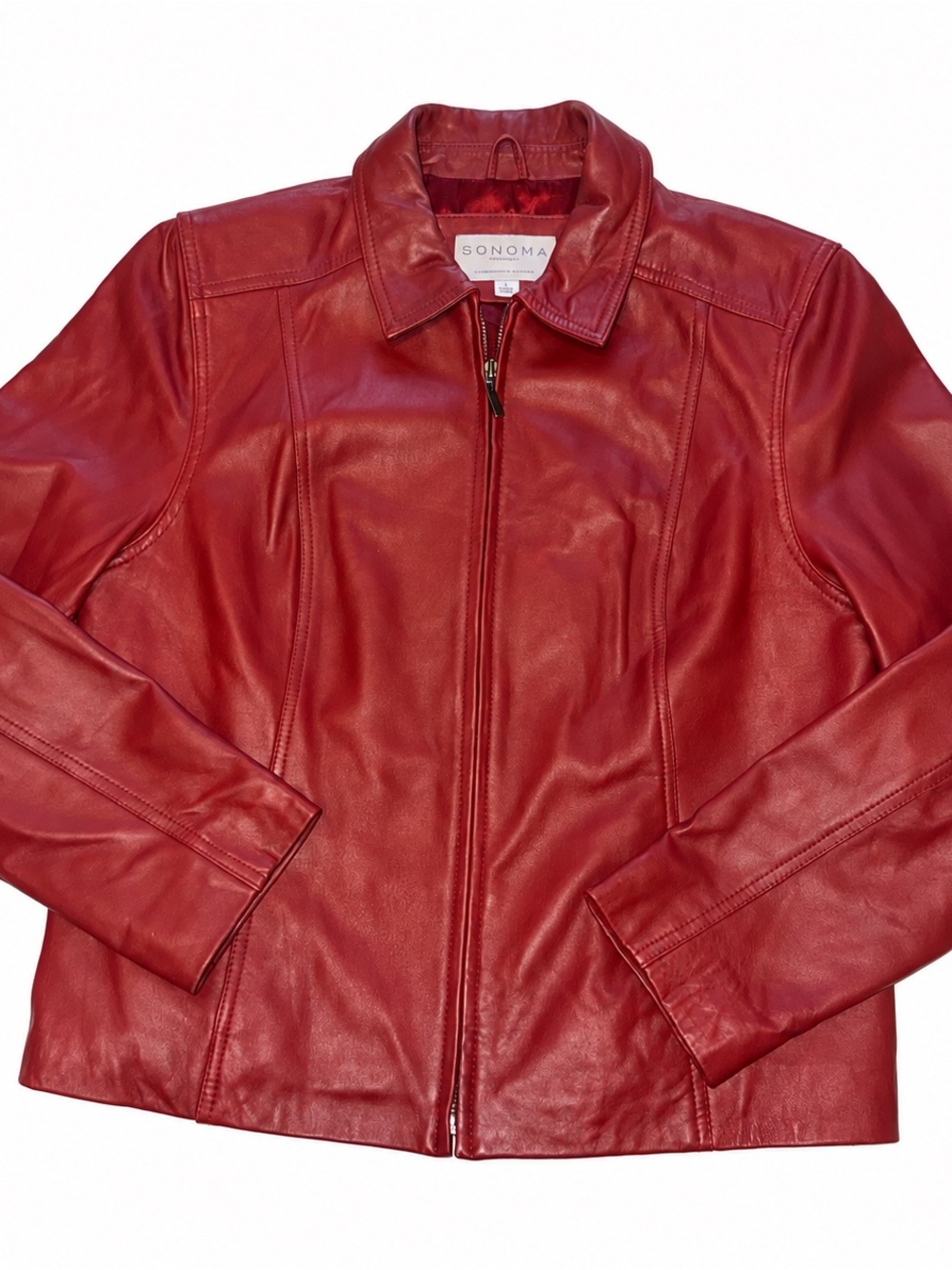 Sonoma Red Leather Zip-Front Jacket with Classic Collar
